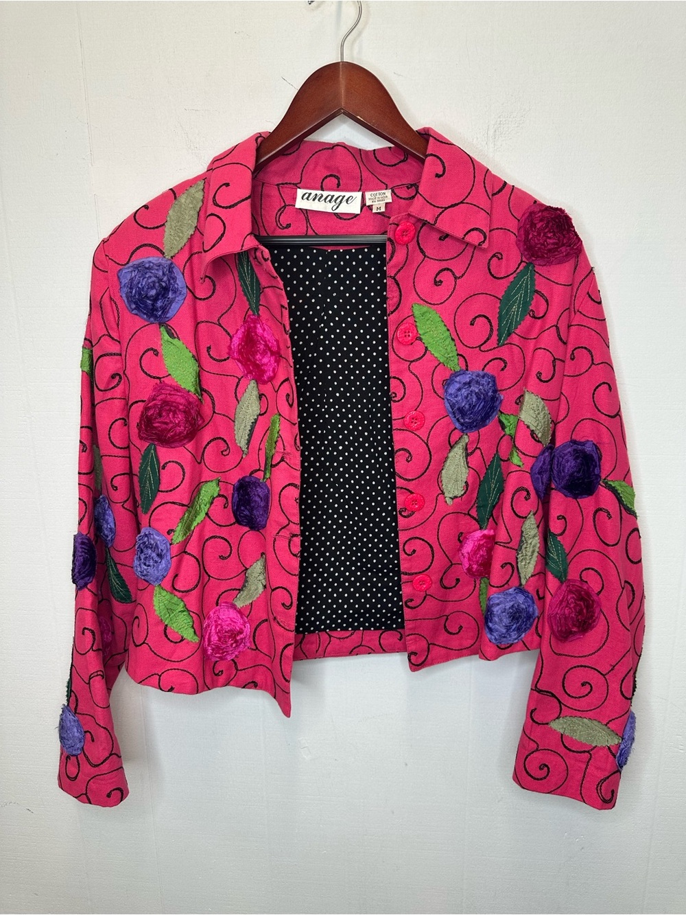 Anage Medium Colorful Pink Floral Embroidered Cropped Blazer Jacket Wearable Art